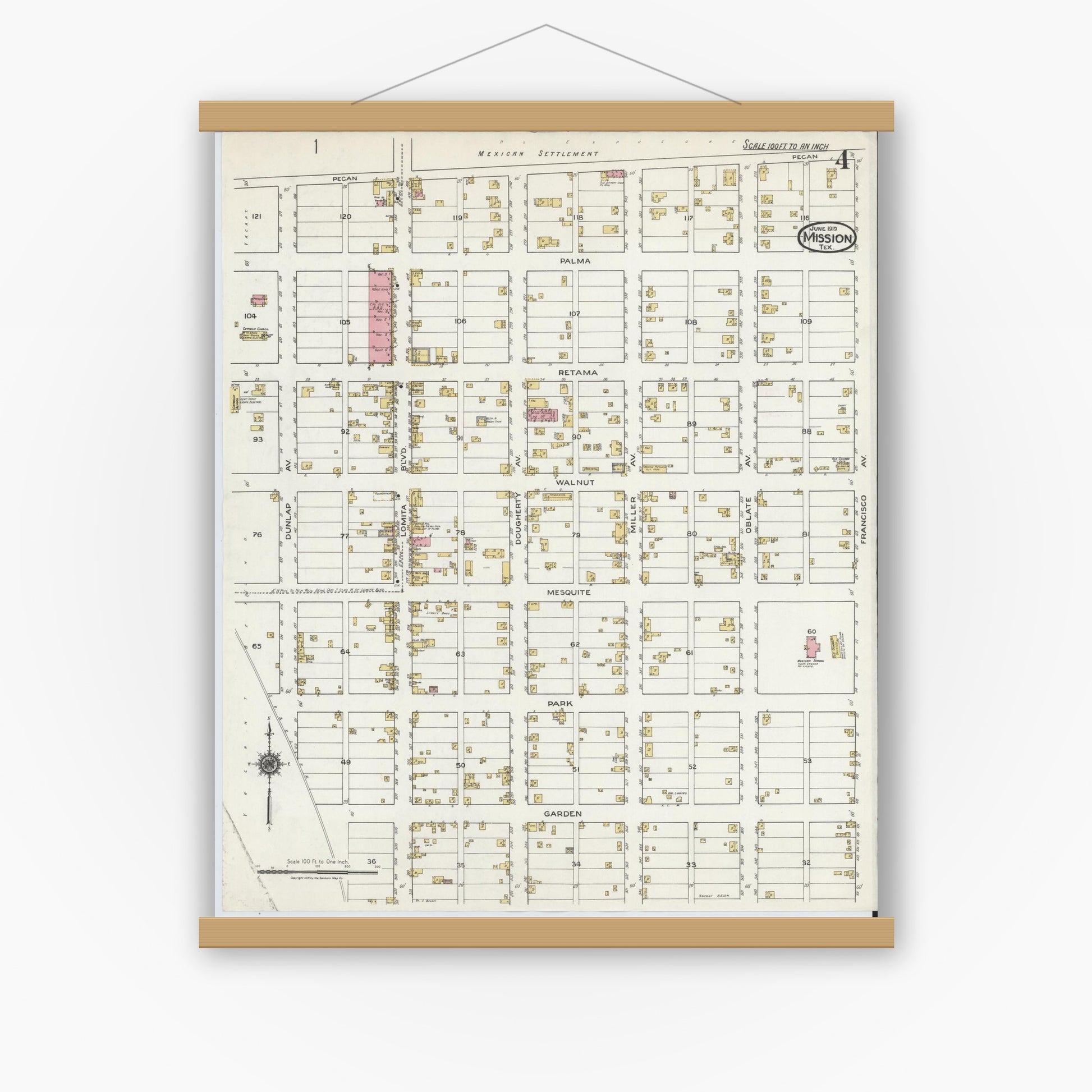 Old map wall art mockup — magnetic wood frame on white wall — Sanborn Fire Insurance Map from Mission, Hidalgo County, Texas (1919), Sheet #0004