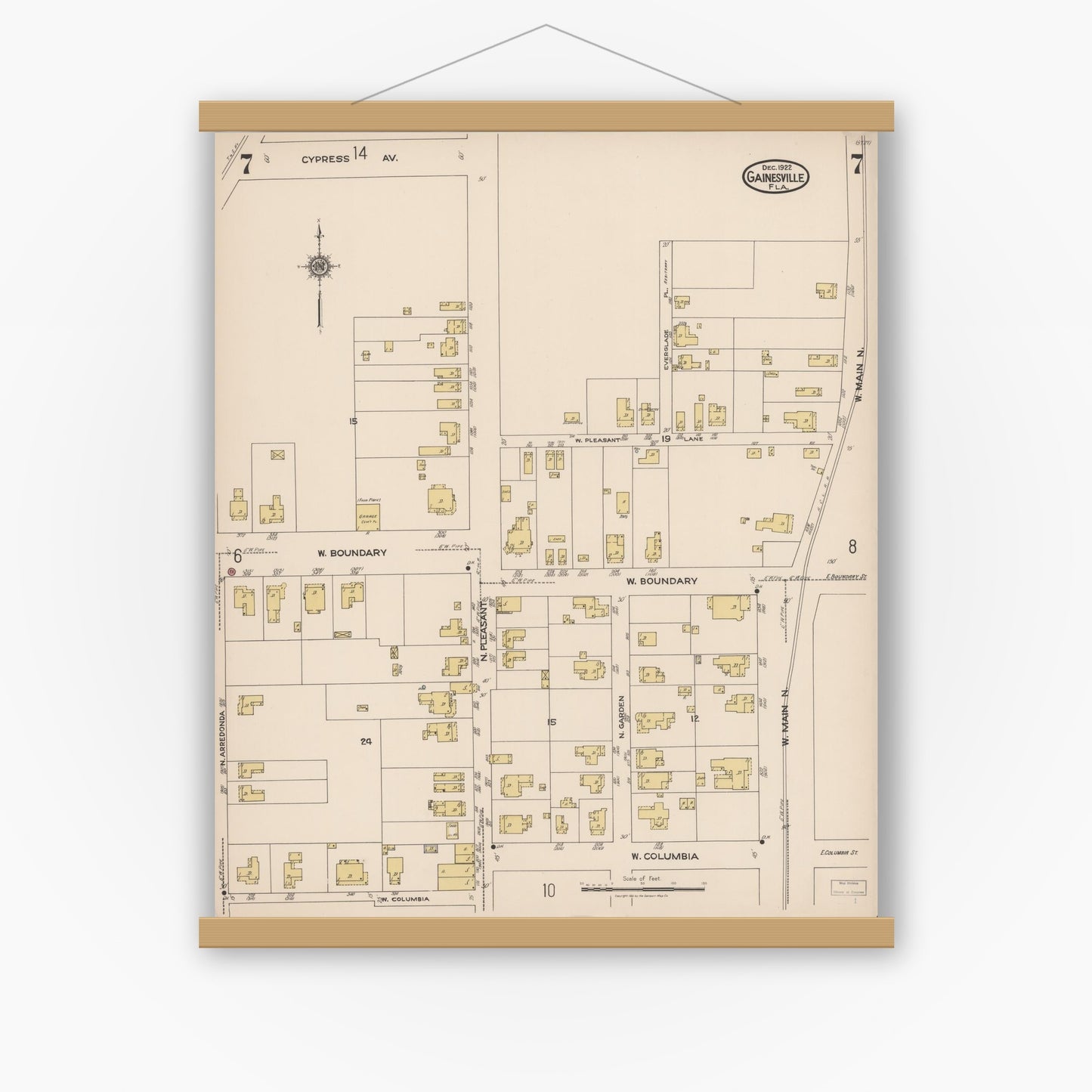 Old map wall art mockup — magnetic wood frame on white wall — Sanborn Fire Insurance Map from Gainesville, Alachua County, Florida (1922), Sheet #0007