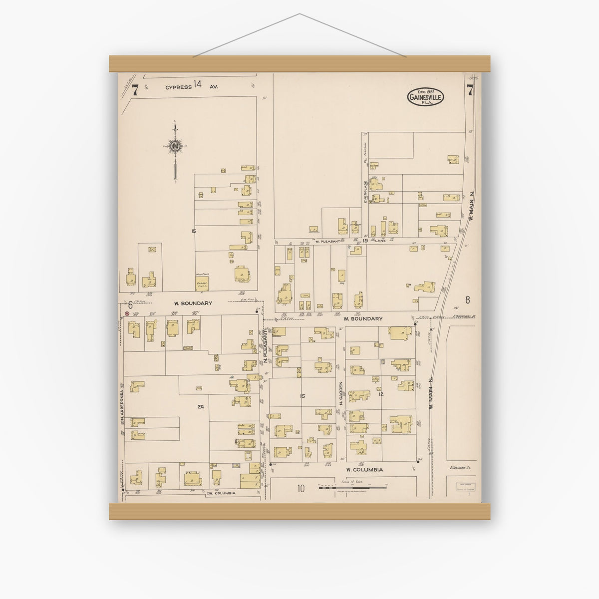 Old map wall art mockup — magnetic wood frame on white wall — Sanborn Fire Insurance Map from Gainesville, Alachua County, Florida (1922), Sheet #0007