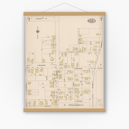 Old map wall art mockup — magnetic wood frame on white wall — Sanborn Fire Insurance Map from Gainesville, Alachua County, Florida (1922), Sheet #0007