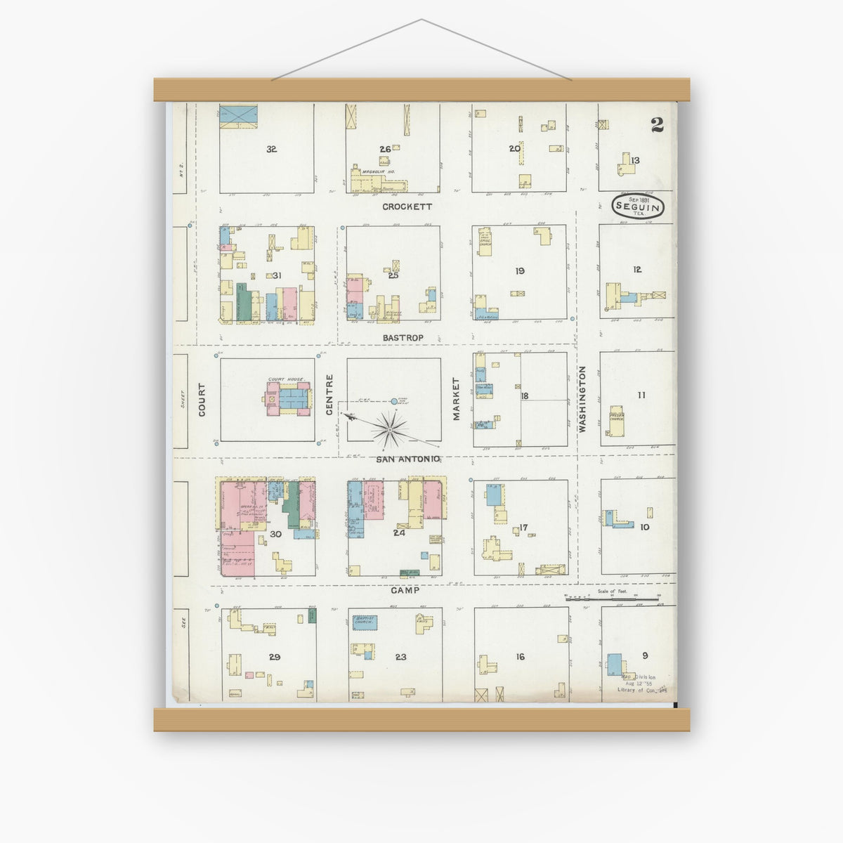 Old map wall art mockup — magnetic wood frame on white wall — Sanborn Fire Insurance Map from Seguin, Guadalupe County, Texas (1891), Sheet #0002