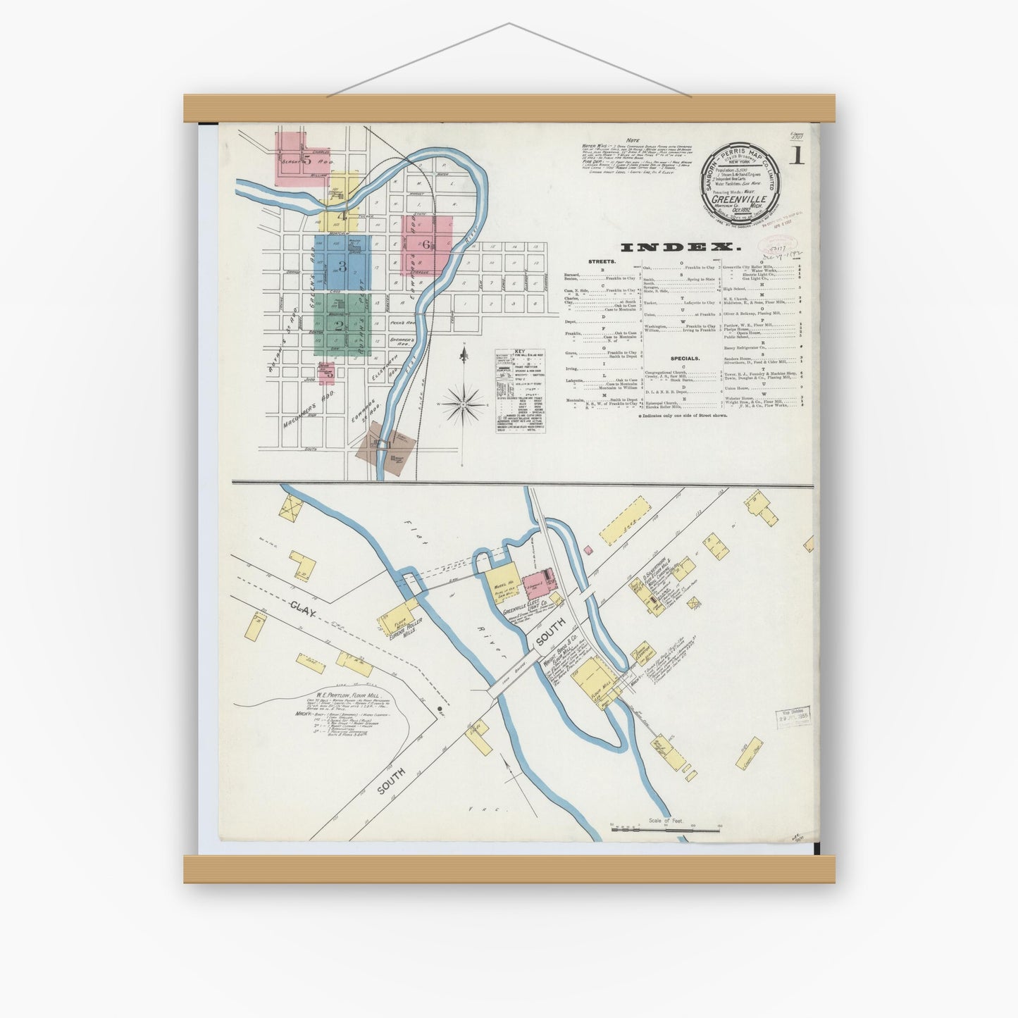 Old map wall art mockup — magnetic wood frame on white wall — Sanborn Fire Insurance Map from Greenville, Montcalm County, Michigan (1892) - Complete Map Set