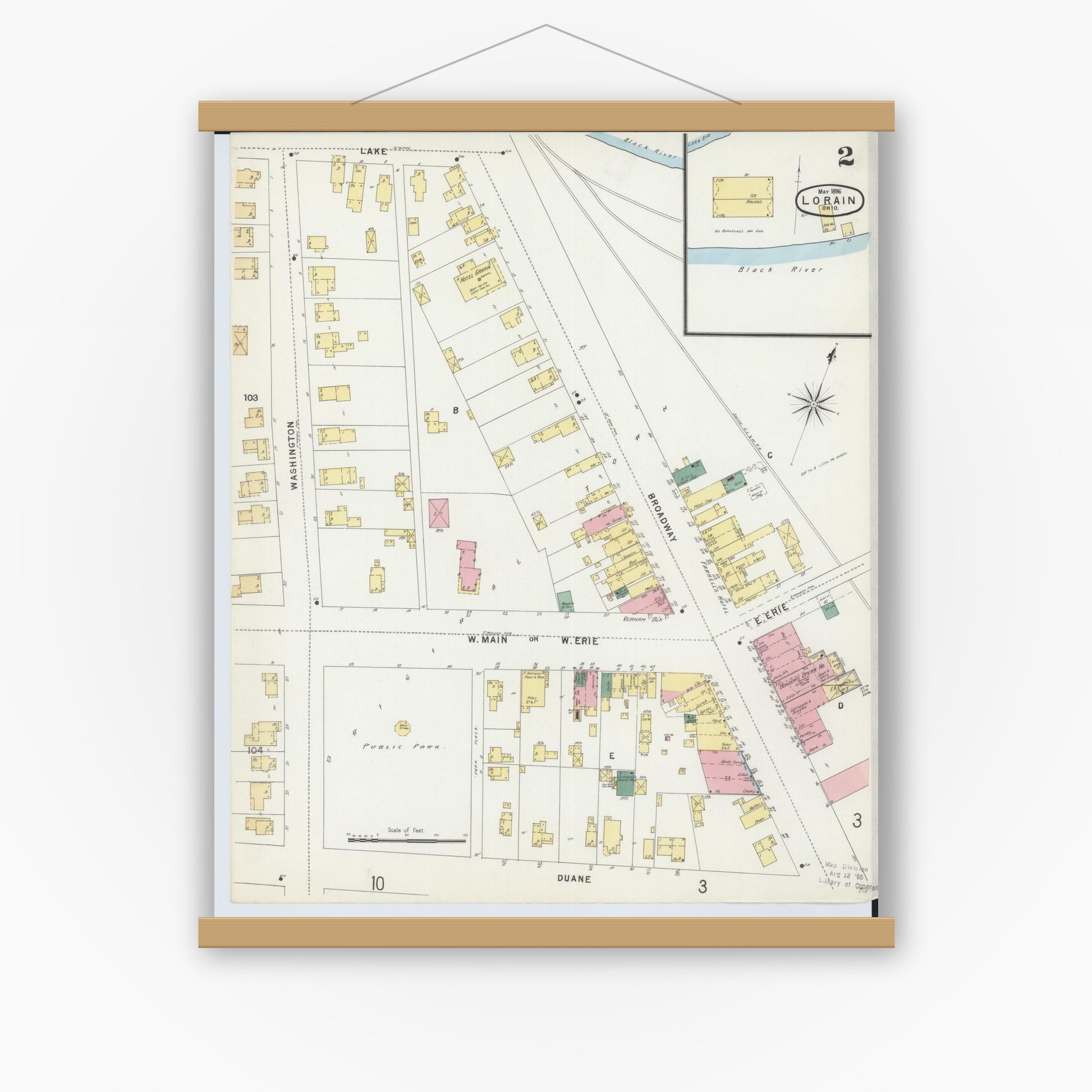 Old map wall art mockup — magnetic wood frame on white wall — Sanborn Fire Insurance Map from Lorain, Lorain County, Ohio (1896), Sheet #0002