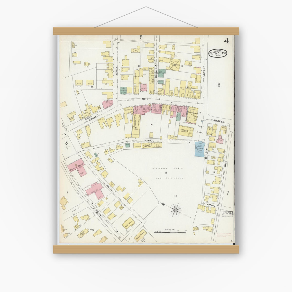Old map wall art mockup — magnetic wood frame on white wall — Sanborn Fire Insurance Map from Plymouth, Plymouth County, Massachusetts (1896), Sheet #0004