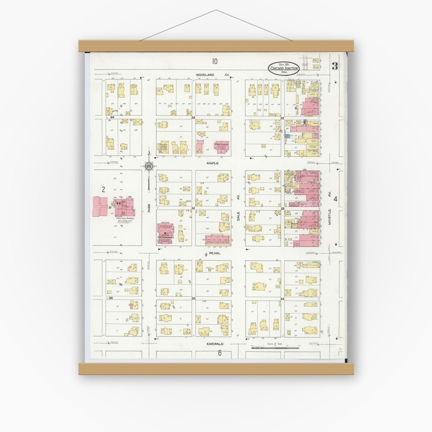 Old map wall art mockup — magnetic wood frame on white wall — Sanborn Fire Insurance Map from Chicago Junction, Huron County, Ohio (1911), Sheet #0003