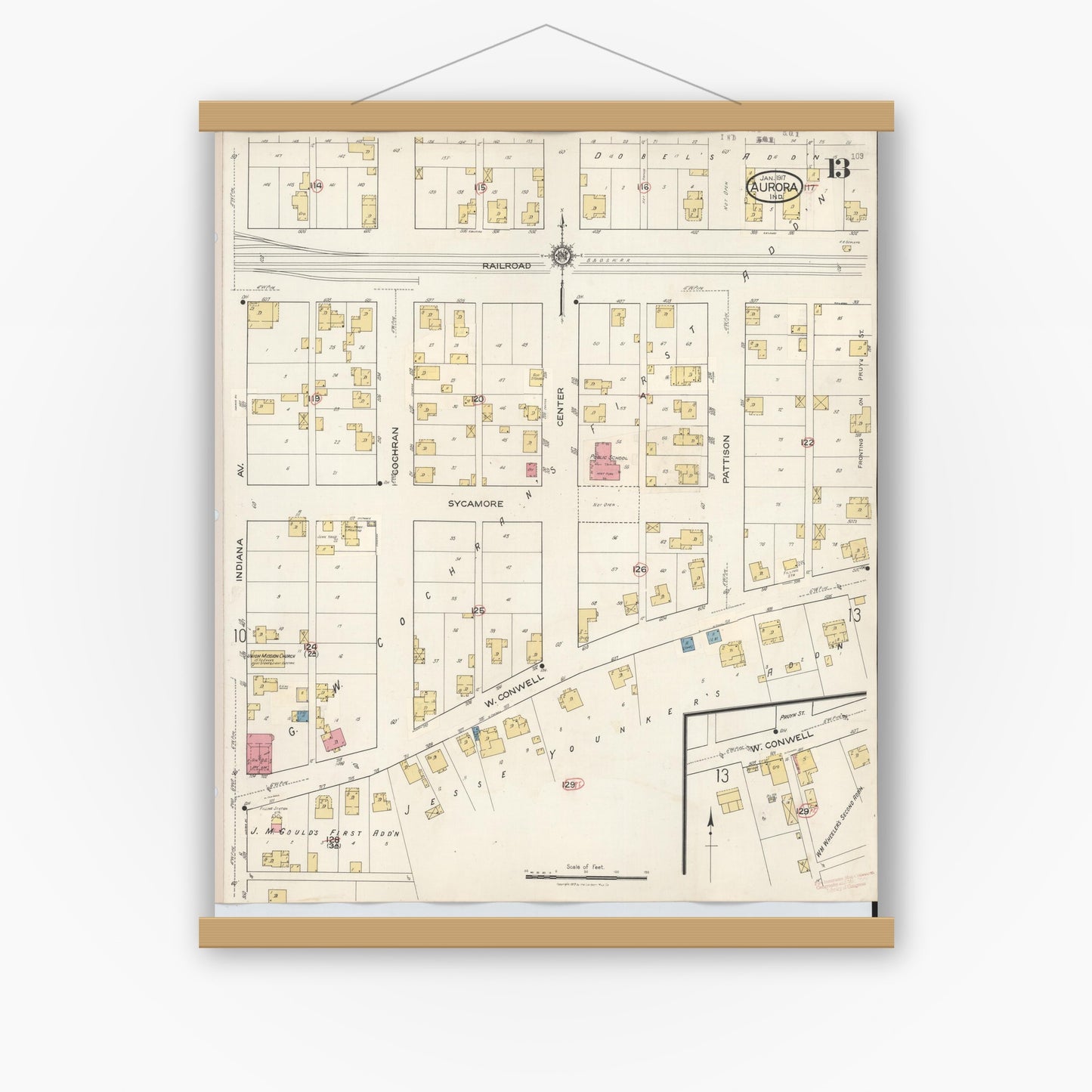 Old map wall art mockup — magnetic wood frame on white wall — Sanborn Fire Insurance Map from Aurora, Dearborn County, Indiana (1935), Sheet #0013