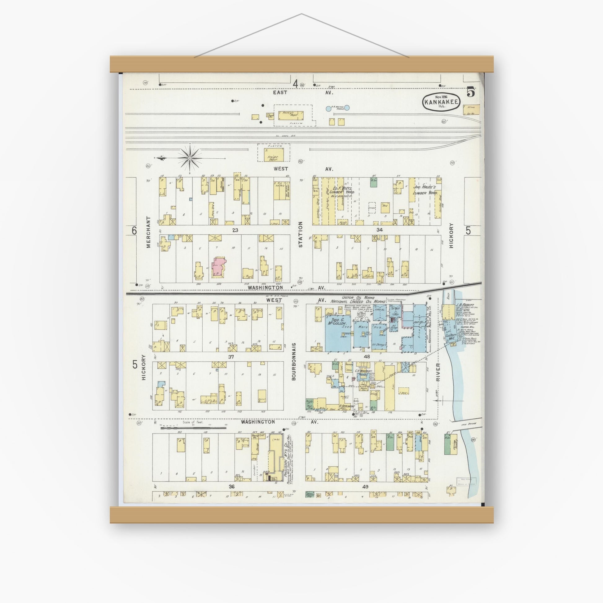 Old map wall art mockup — magnetic wood frame on white wall — Sanborn Fire Insurance Map from Kankakee, Kankakee County, Illinois (1896), Sheet #0005