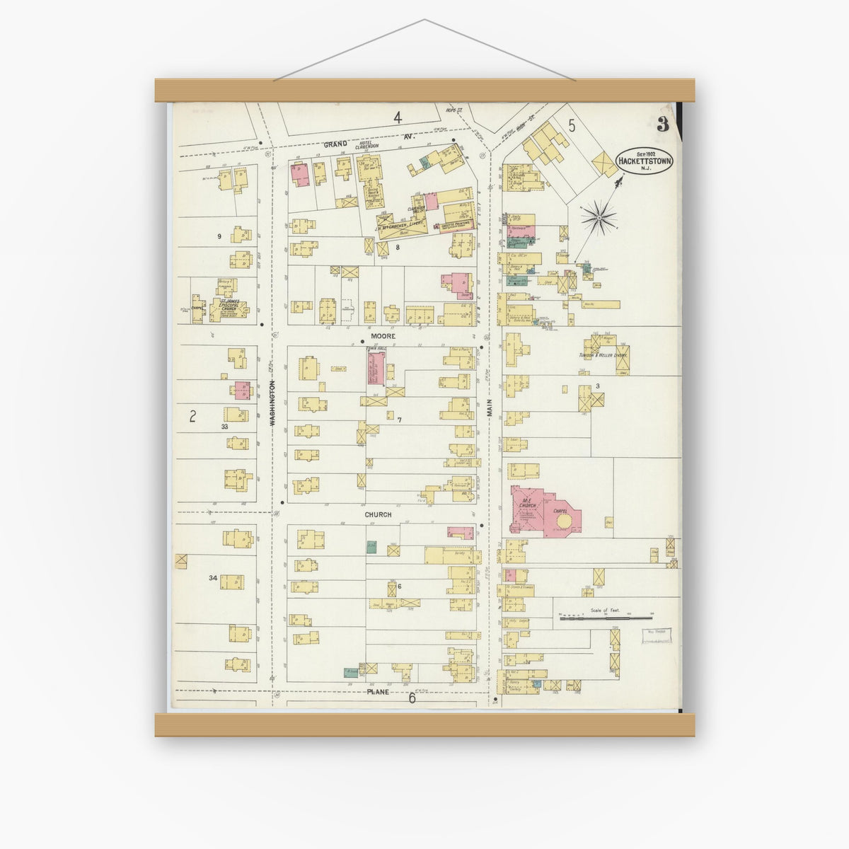 Old map wall art mockup — magnetic wood frame on white wall — Sanborn Fire Insurance Map from Hackettstown, Warren County, New Jersey (1902), Sheet #0003