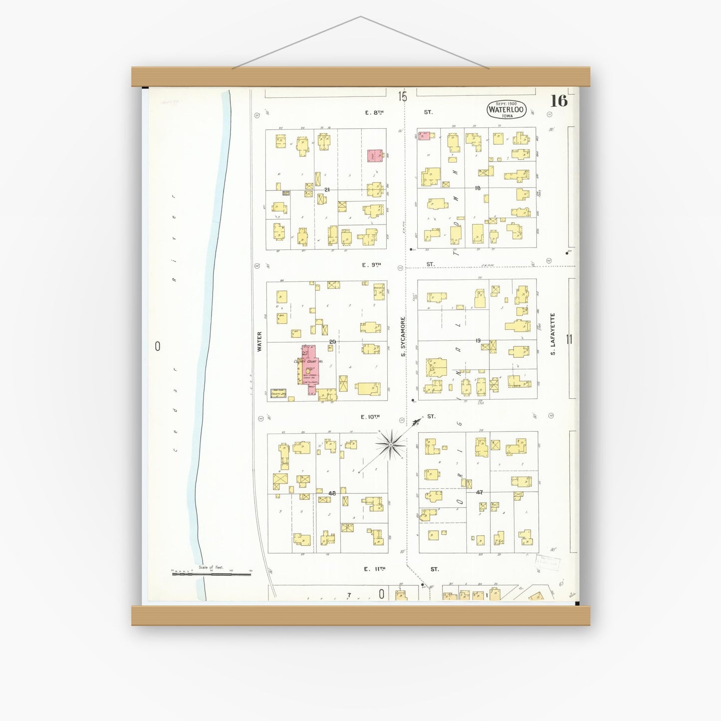 Old map wall art mockup — magnetic wood frame on white wall — Sanborn Fire Insurance Map from Waterloo, Black Hawk County, Iowa (1900), Sheet #0016