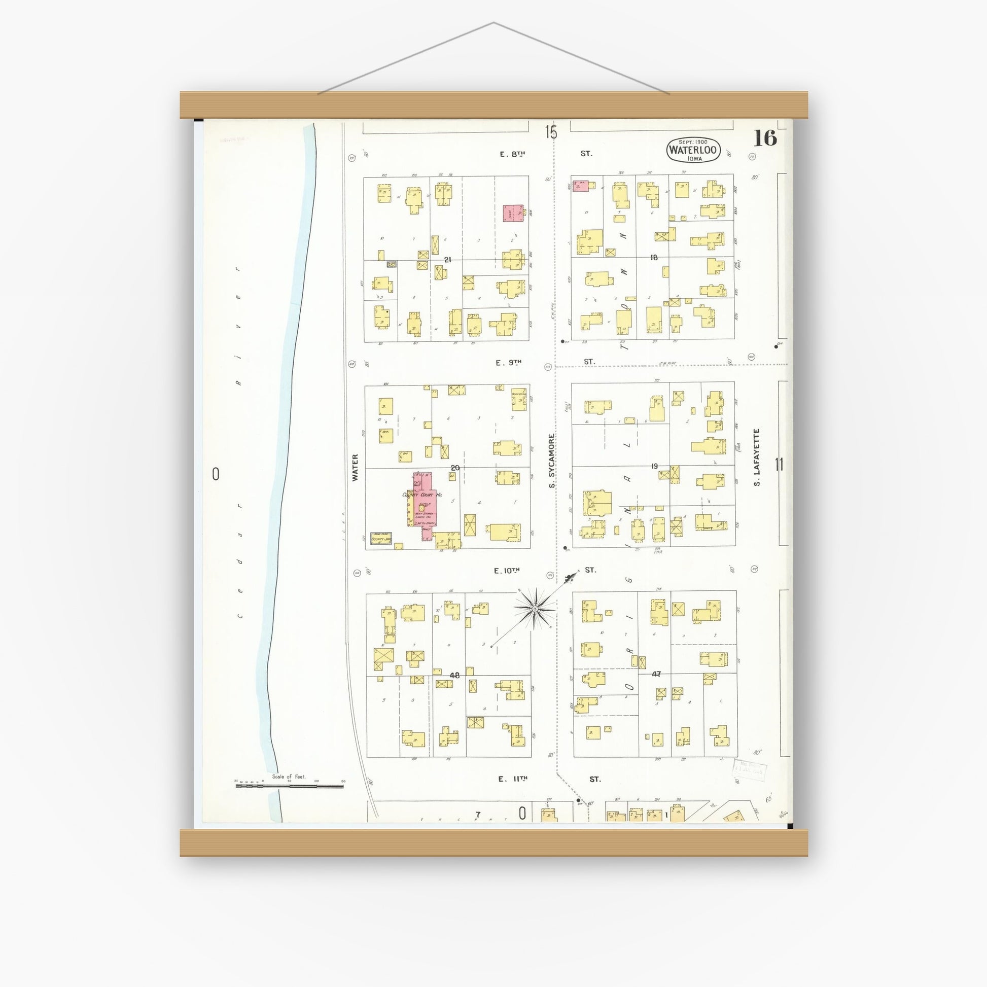 Old map wall art mockup — magnetic wood frame on white wall — Sanborn Fire Insurance Map from Waterloo, Black Hawk County, Iowa (1900), Sheet #0016