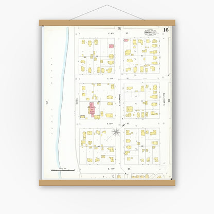 Old map wall art mockup — magnetic wood frame on white wall — Sanborn Fire Insurance Map from Waterloo, Black Hawk County, Iowa (1900), Sheet #0016