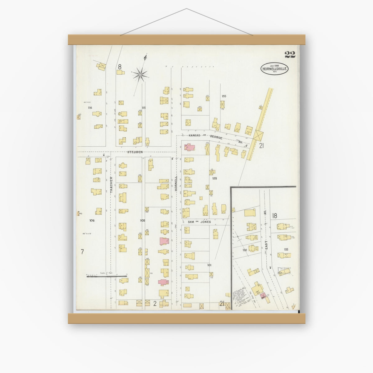 Old map wall art mockup — magnetic wood frame on white wall — Sanborn Fire Insurance Map from Hornell, Steuben County, New York (1898), Sheet #0022