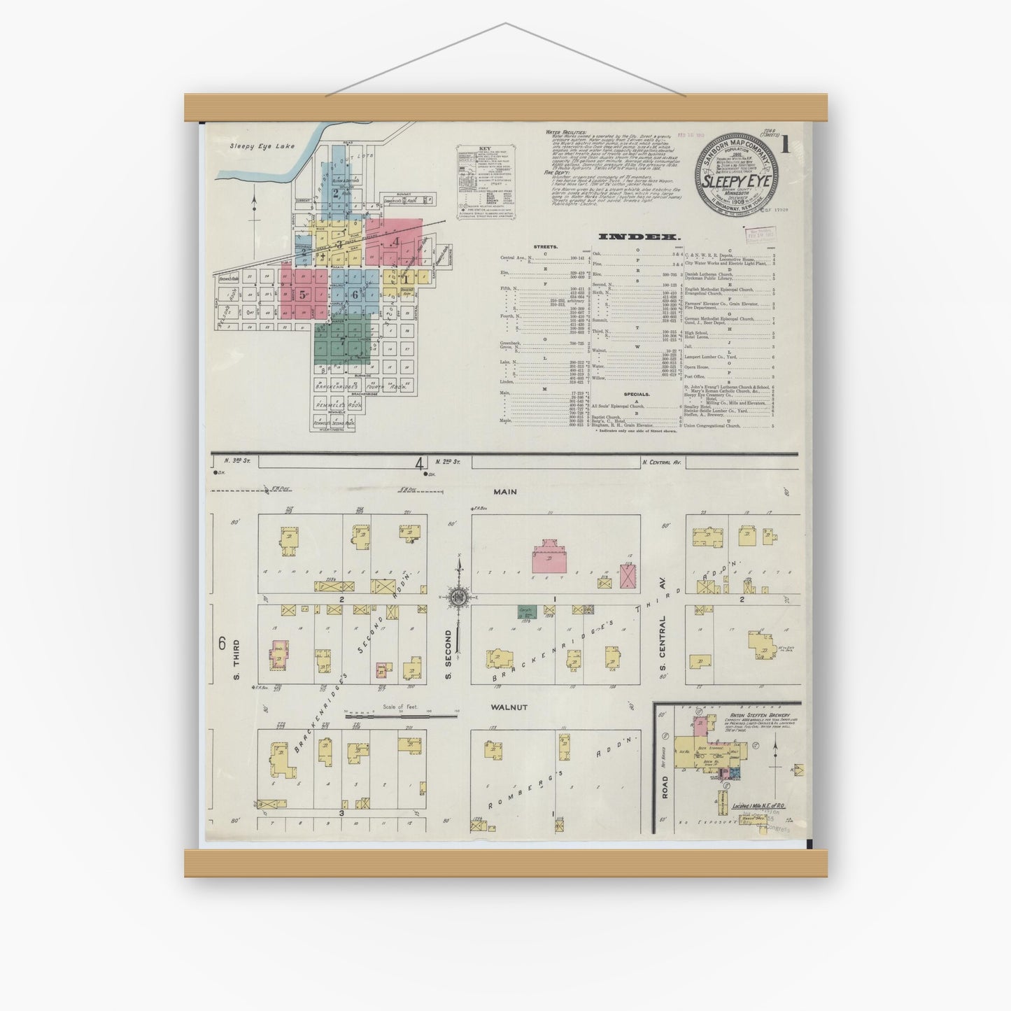 Old map wall art mockup — magnetic wood frame on white wall — Sanborn Fire Insurance Map from Sleepy Eye, Brown County, Minnesota (1909) - Complete Map Set