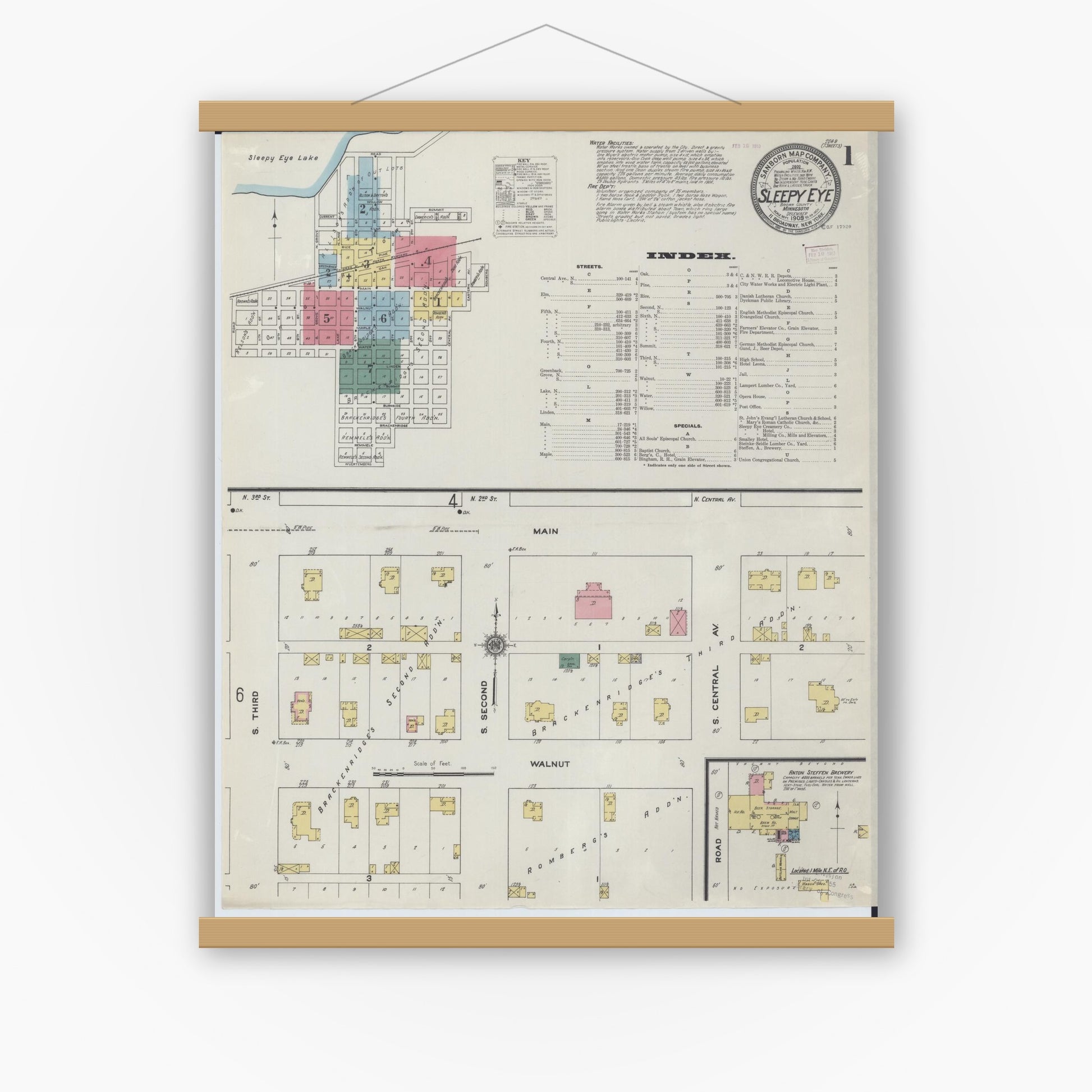 Old map wall art mockup — magnetic wood frame on white wall — Sanborn Fire Insurance Map from Sleepy Eye, Brown County, Minnesota (1909) - Complete Map Set