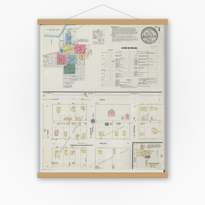 Old map wall art mockup — magnetic wood frame on white wall — Sanborn Fire Insurance Map from Sleepy Eye, Brown County, Minnesota (1909) - Complete Map Set