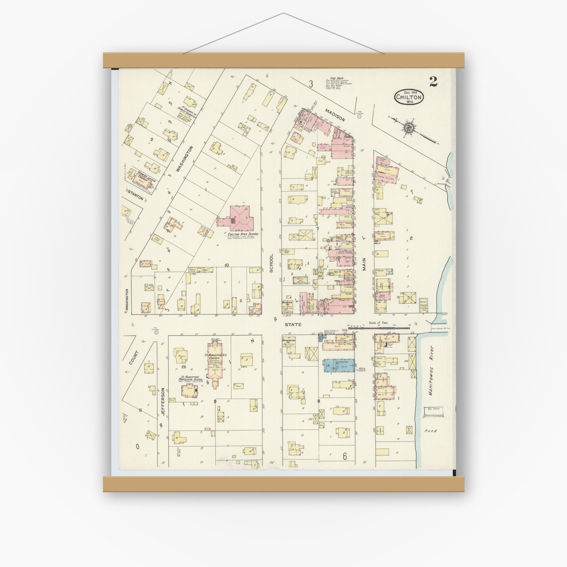 Old map wall art mockup — magnetic wood frame on white wall — Sanborn Fire Insurance Map from Chilton, Calumet County, Wisconsin (1914), Sheet #0002
