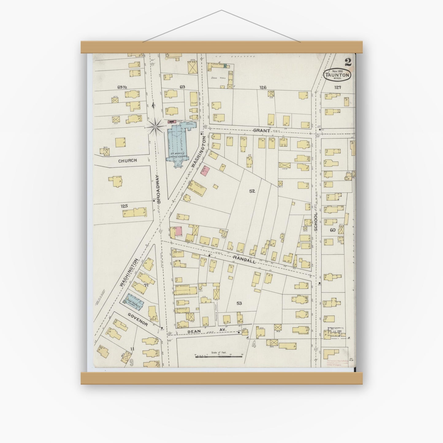 Old map wall art mockup — magnetic wood frame on white wall — Sanborn Fire Insurance Map from Taunton, Bristol County, Massachusetts (1893), Sheet #0002