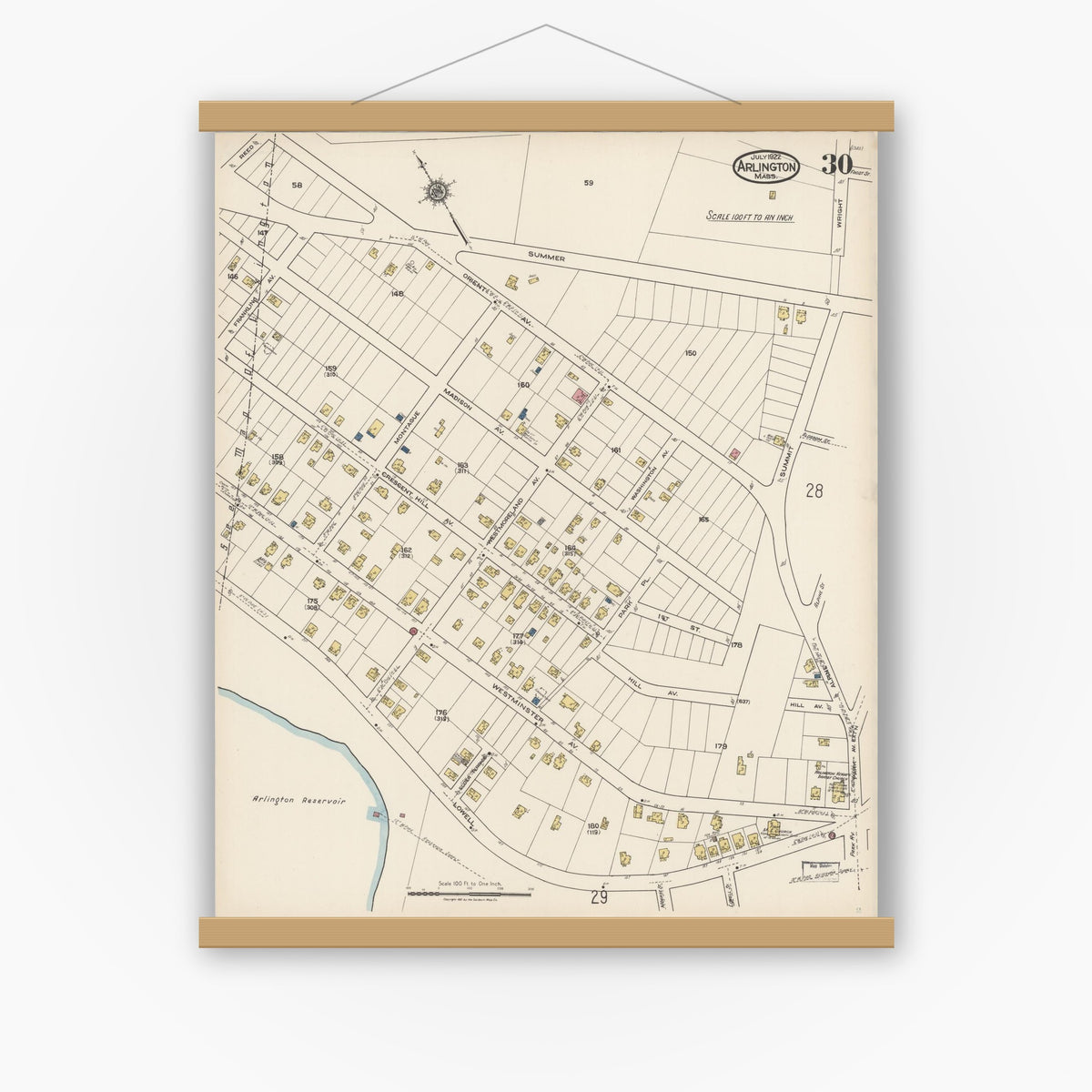 Old map wall art mockup — magnetic wood frame on white wall — Sanborn Fire Insurance Map from Arlington, Middlesex County, Massachusetts (1922), Sheet #0030