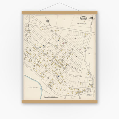 Old map wall art mockup — magnetic wood frame on white wall — Sanborn Fire Insurance Map from Arlington, Middlesex County, Massachusetts (1922), Sheet #0030
