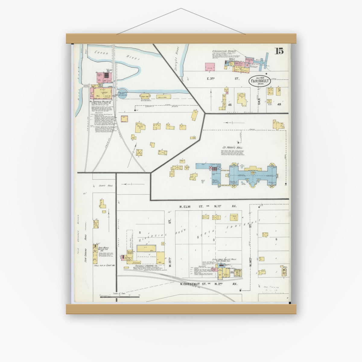 Old map wall art mockup — magnetic wood frame on white wall — Sanborn Fire Insurance Map from Faribault, Rice County, Minnesota (1899), Sheet #0015