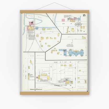 Old map wall art mockup — magnetic wood frame on white wall — Sanborn Fire Insurance Map from Faribault, Rice County, Minnesota (1899), Sheet #0015