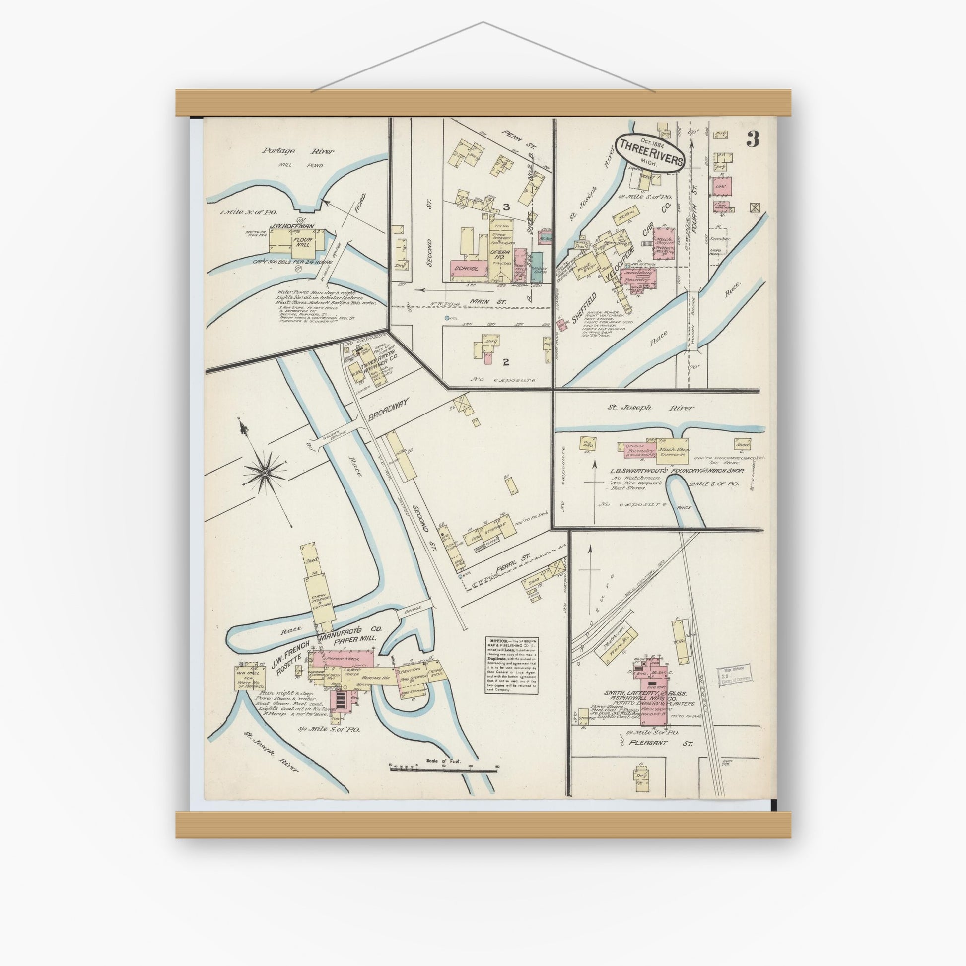 Old map wall art mockup — magnetic wood frame on white wall — Sanborn Fire Insurance Map from Three Rivers, Saint Joseph County, Michigan (1884), Sheet #0003