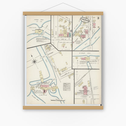 Old map wall art mockup — magnetic wood frame on white wall — Sanborn Fire Insurance Map from Three Rivers, Saint Joseph County, Michigan (1884), Sheet #0003