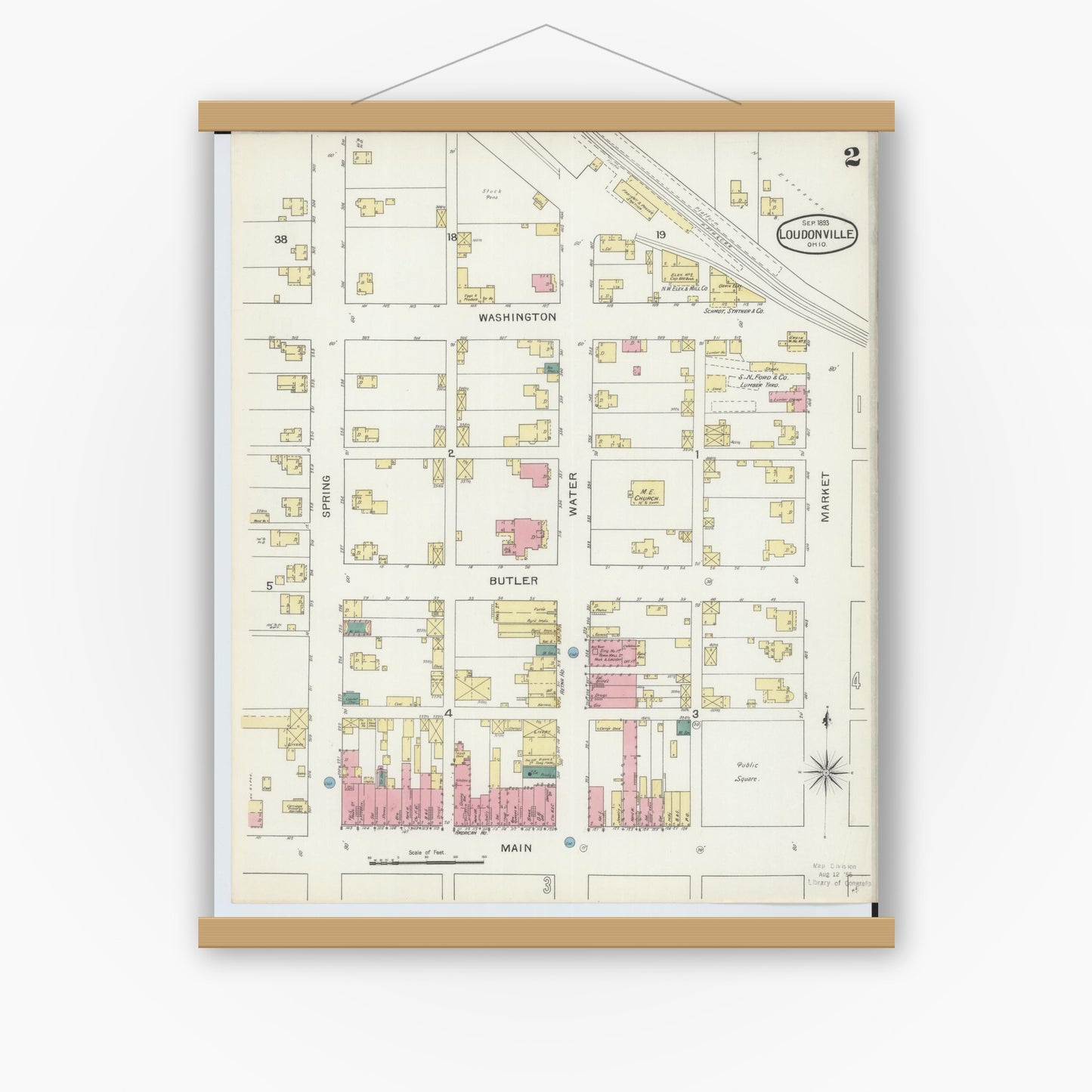 Old map wall art mockup — magnetic wood frame on white wall — Sanborn Fire Insurance Map from Loudonville, Ashland County, Ohio (1893), Sheet #0002