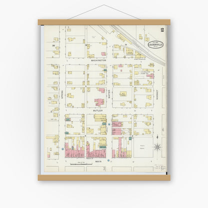Old map wall art mockup — magnetic wood frame on white wall — Sanborn Fire Insurance Map from Loudonville, Ashland County, Ohio (1893), Sheet #0002