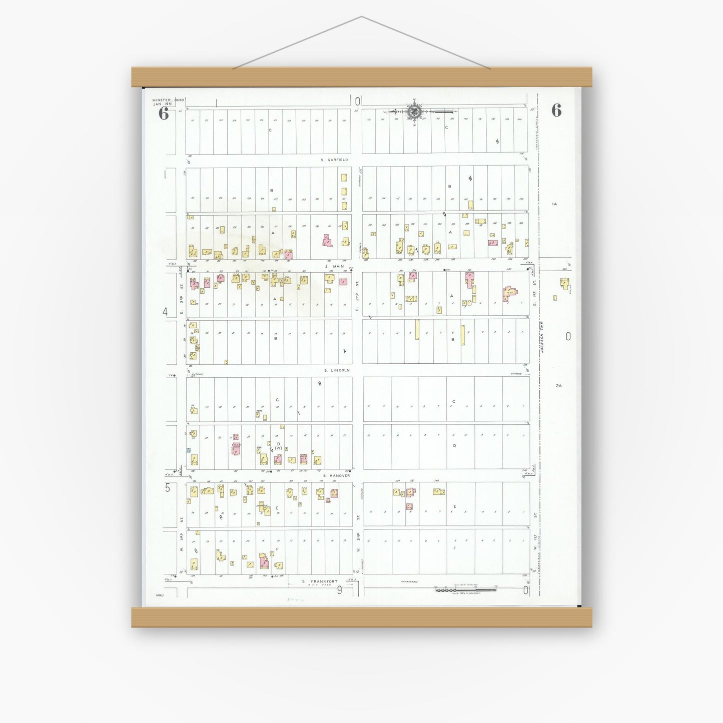 Old map wall art mockup — magnetic wood frame on white wall — Sanborn Fire Insurance Map from Minster, Auglaize County, Ohio (1951), Sheet #0006