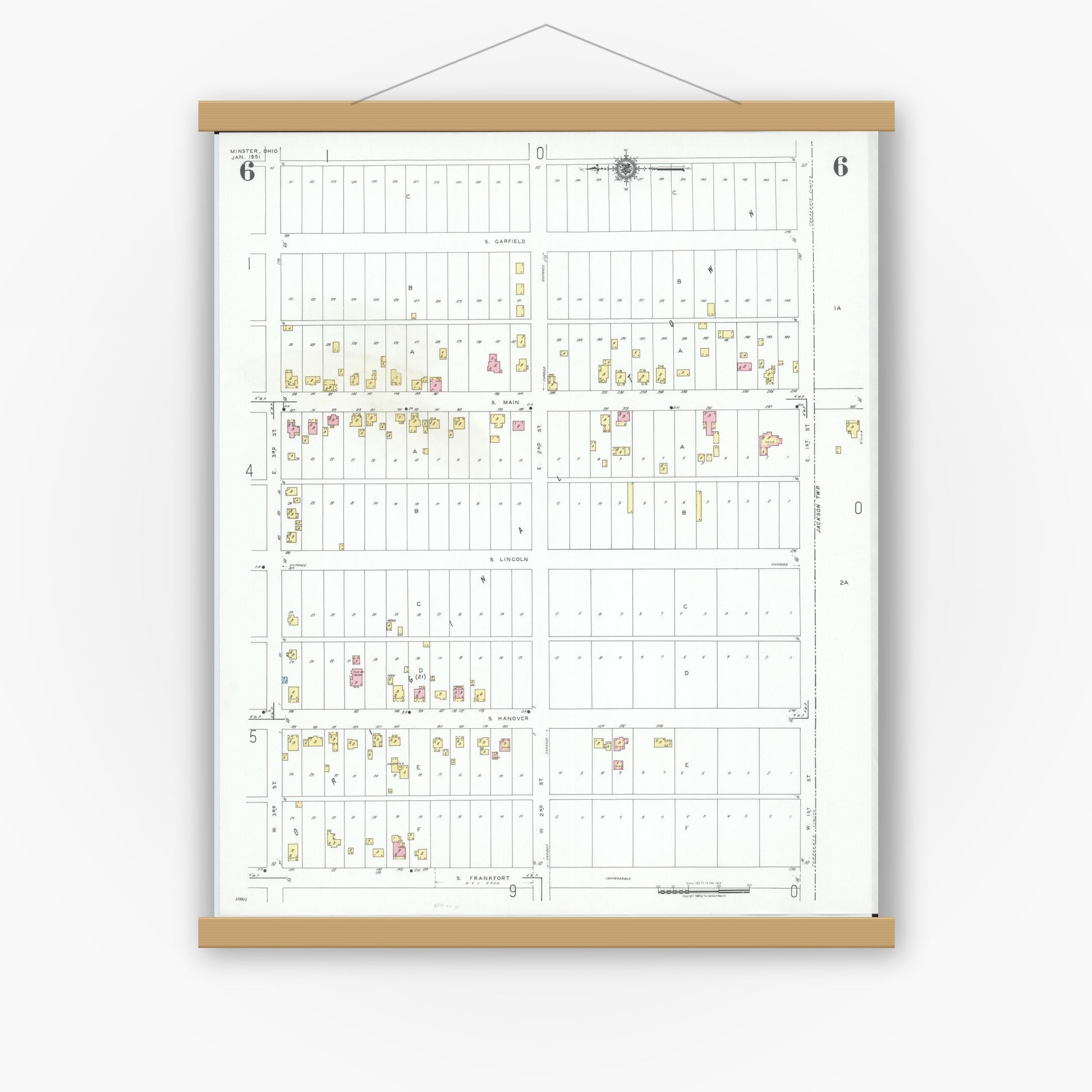 Old map wall art mockup — magnetic wood frame on white wall — Sanborn Fire Insurance Map from Minster, Auglaize County, Ohio (1951), Sheet #0006