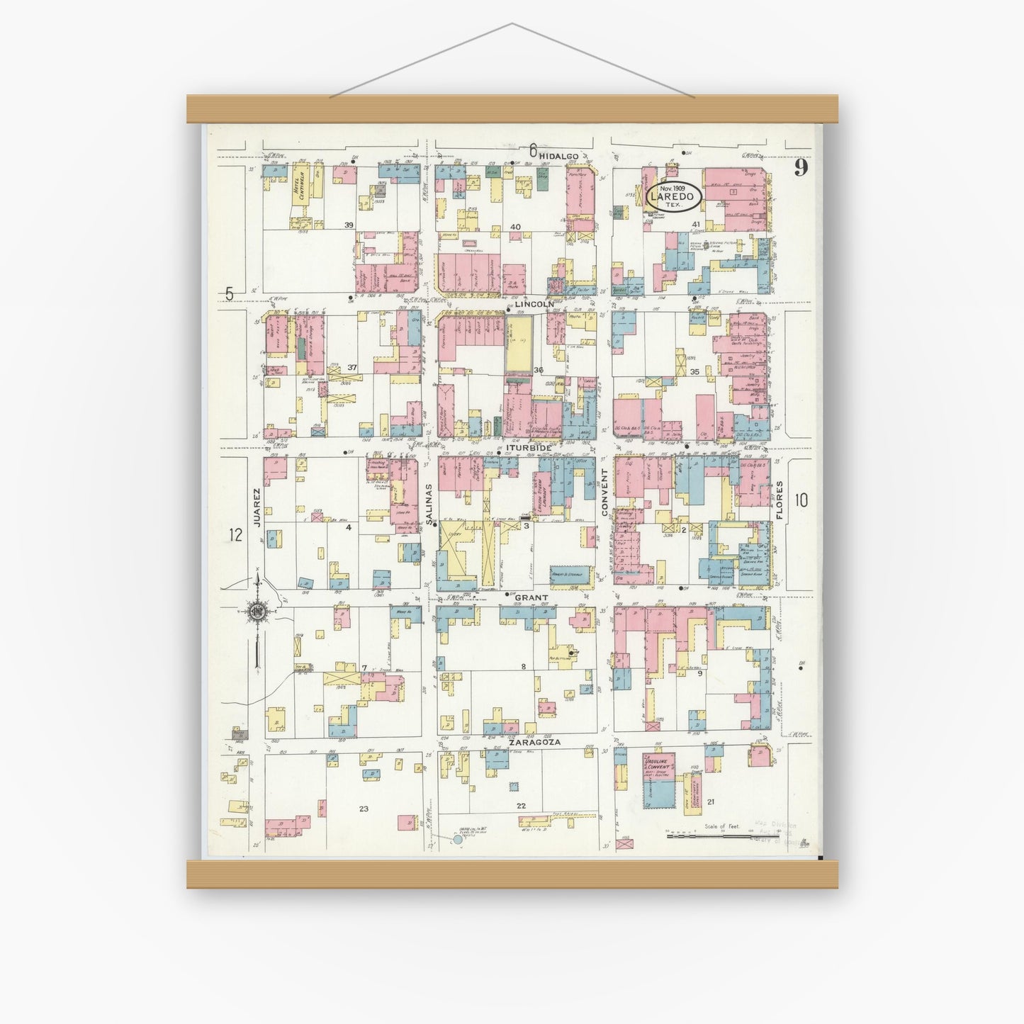 Old map wall art mockup — magnetic wood frame on white wall — Sanborn Fire Insurance Map from Laredo, Webb County, Texas (1909), Sheet #0009
