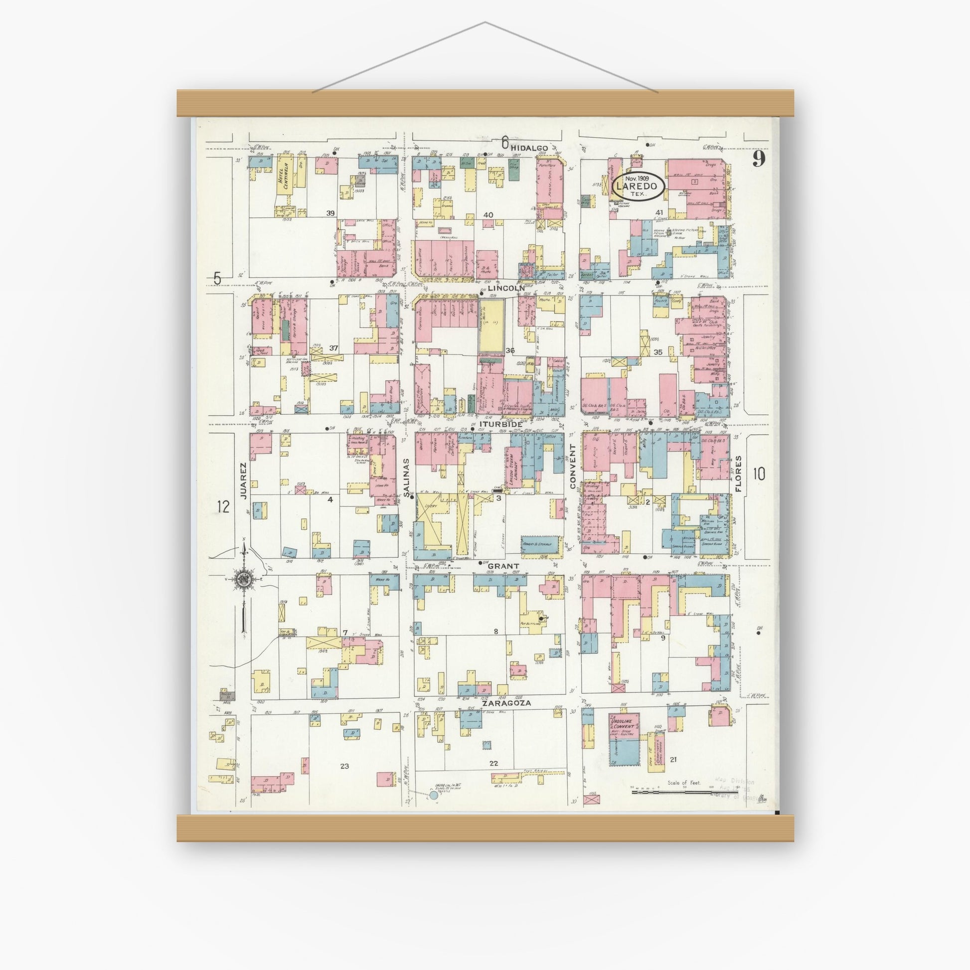 Old map wall art mockup — magnetic wood frame on white wall — Sanborn Fire Insurance Map from Laredo, Webb County, Texas (1909), Sheet #0009