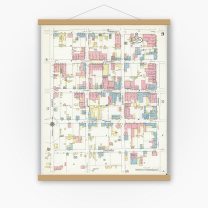 Old map wall art mockup — magnetic wood frame on white wall — Sanborn Fire Insurance Map from Laredo, Webb County, Texas (1909), Sheet #0009