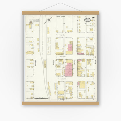 Old map wall art mockup — magnetic wood frame on white wall — Sanborn Fire Insurance Map from Manor, Travis County, Texas (1916), Sheet #0002