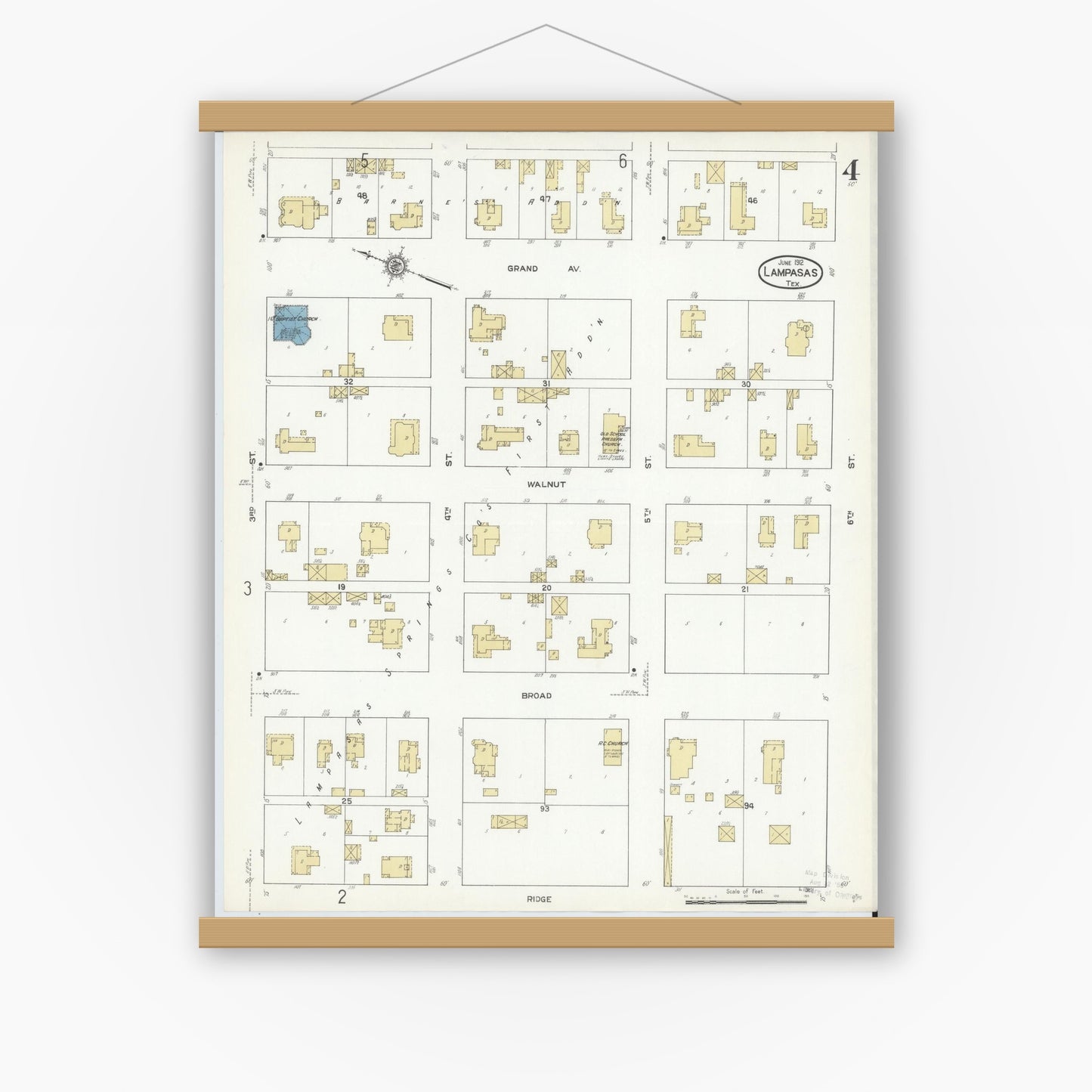 Old map wall art mockup — magnetic wood frame on white wall — Sanborn Fire Insurance Map from Lampasas, Lampasas County, Texas (1912), Sheet #0004