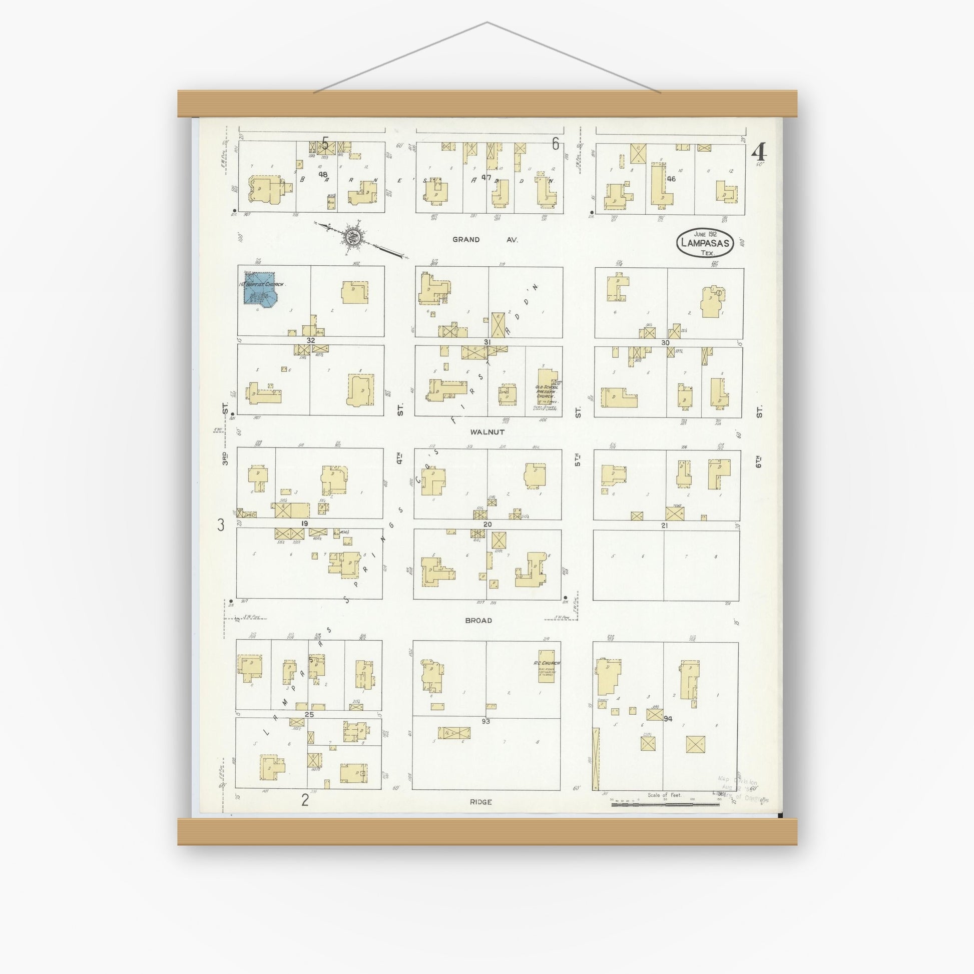 Old map wall art mockup — magnetic wood frame on white wall — Sanborn Fire Insurance Map from Lampasas, Lampasas County, Texas (1912), Sheet #0004
