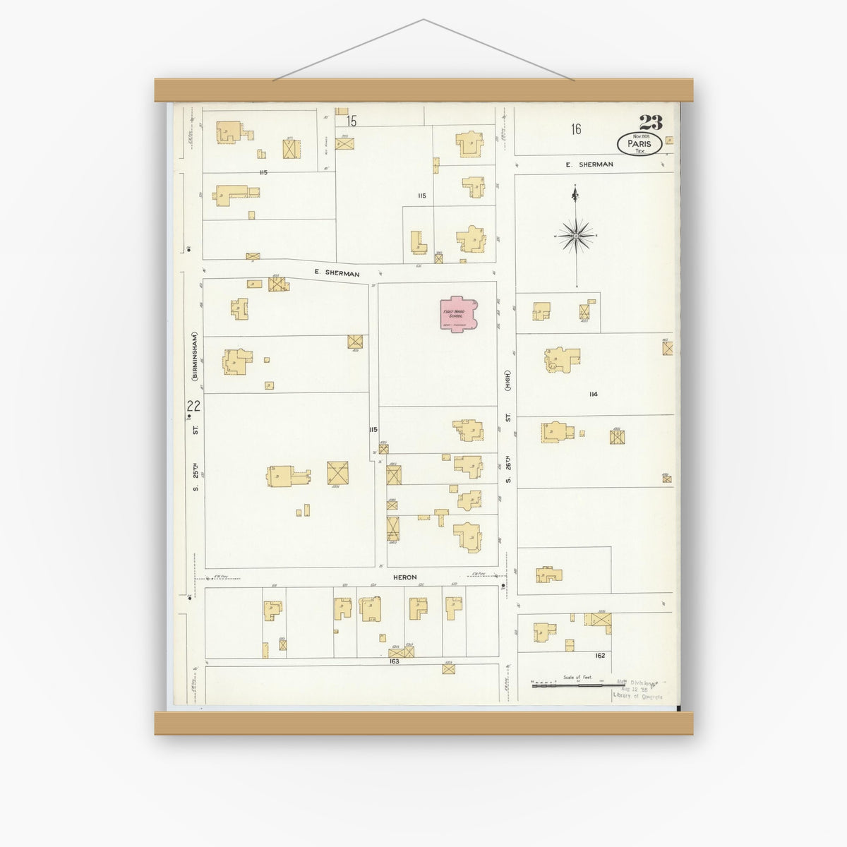 Old map wall art mockup — magnetic wood frame on white wall — Sanborn Fire Insurance Map from Paris, Lamar County, Texas (1908), Sheet #0023
