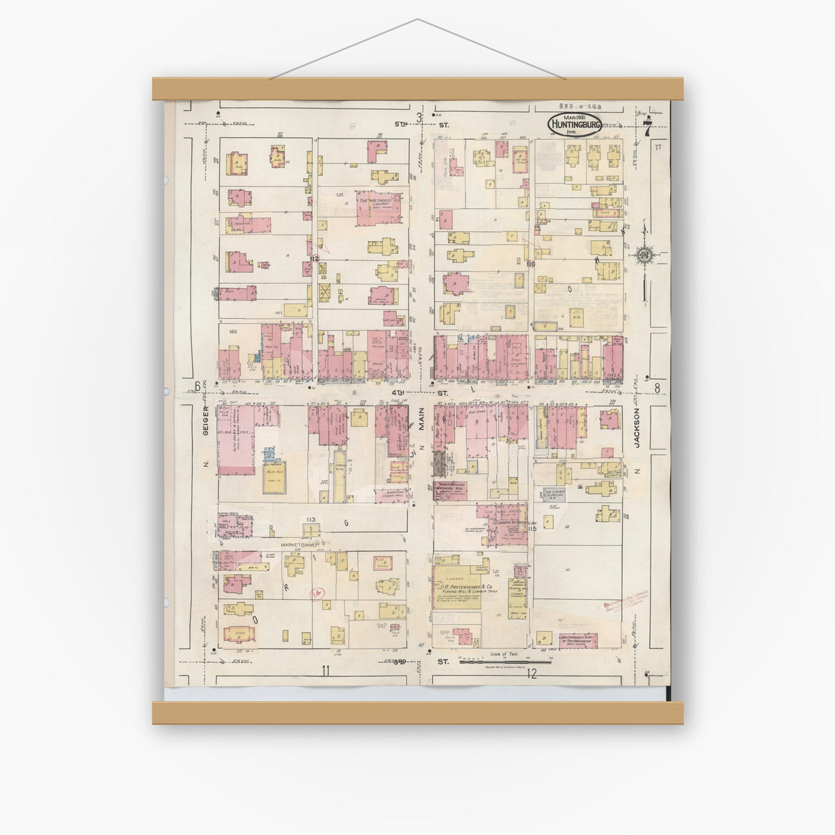 Old map wall art mockup — magnetic wood frame on white wall — Sanborn Fire Insurance Map from Huntingburg, Dubois County, Indiana (1949), Sheet #0007