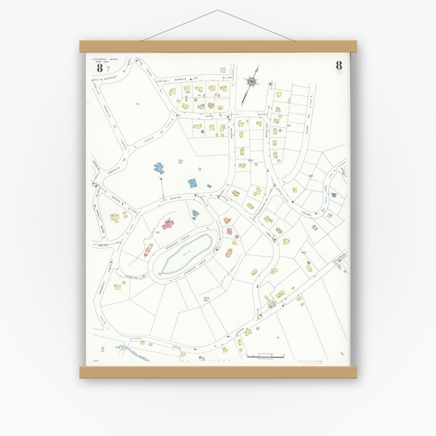Old map wall art mockup — magnetic wood frame on white wall — Sanborn Fire Insurance Map from Lexington, Middlesex County, Massachusetts (1935), Sheet #0008