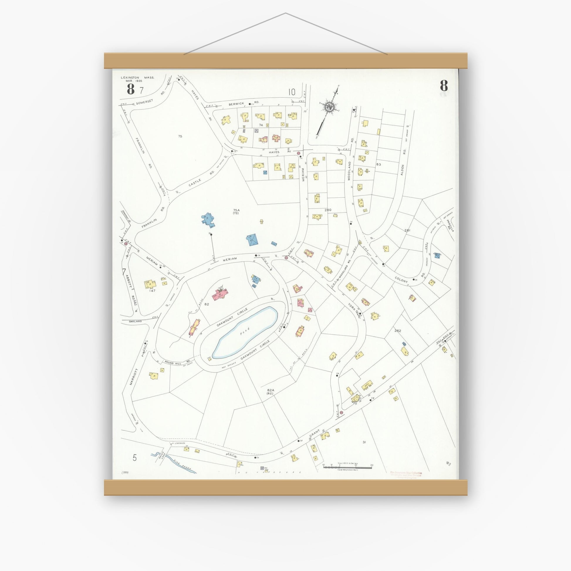 Old map wall art mockup — magnetic wood frame on white wall — Sanborn Fire Insurance Map from Lexington, Middlesex County, Massachusetts (1935), Sheet #0008