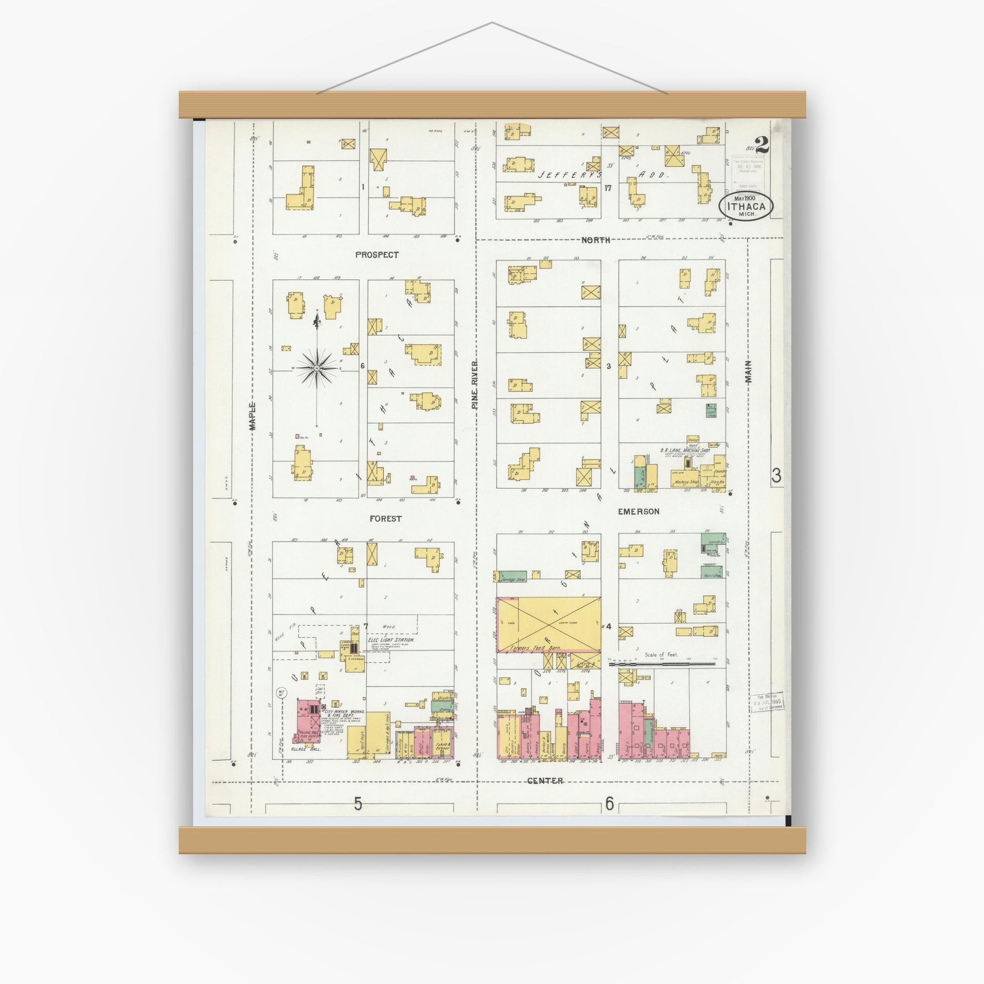 Old map wall art mockup — magnetic wood frame on white wall — Sanborn Fire Insurance Map from Ithaca, Gratiot County, Michigan (1900), Sheet #0002