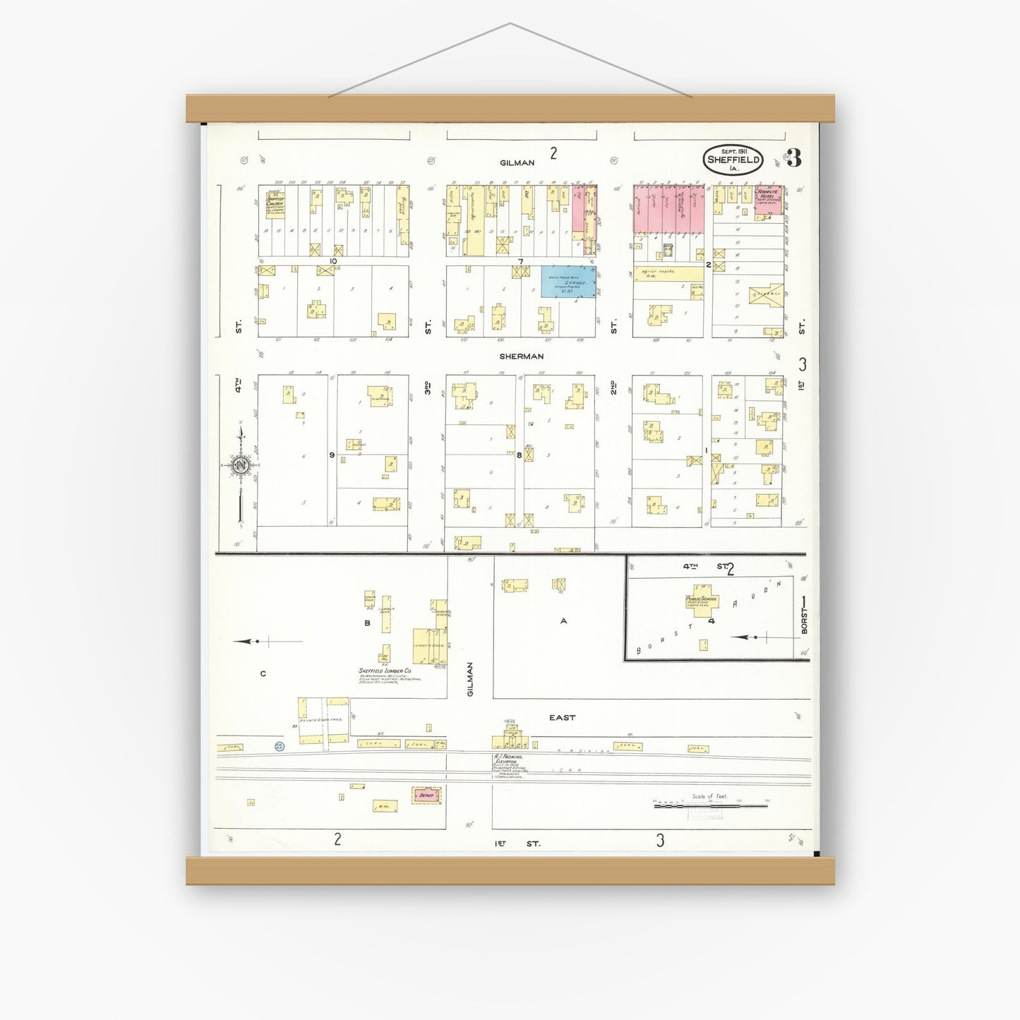 Old map wall art mockup — magnetic wood frame on white wall — Sanborn Fire Insurance Map from Sheffield, Franklin County, Iowa (1911), Sheet #0003