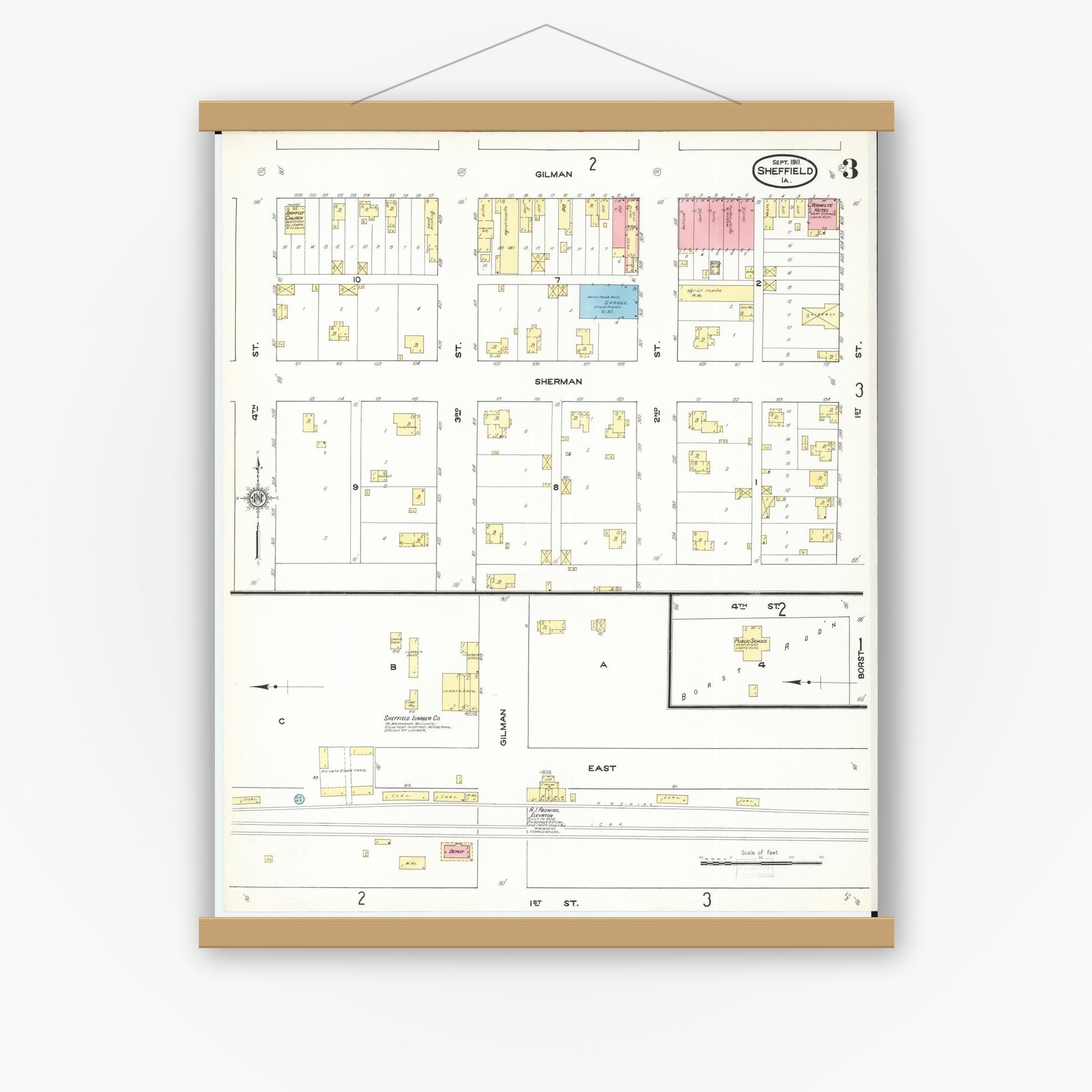 Old map wall art mockup — magnetic wood frame on white wall — Sanborn Fire Insurance Map from Sheffield, Franklin County, Iowa (1911), Sheet #0003
