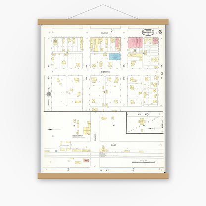 Old map wall art mockup — magnetic wood frame on white wall — Sanborn Fire Insurance Map from Sheffield, Franklin County, Iowa (1911), Sheet #0003