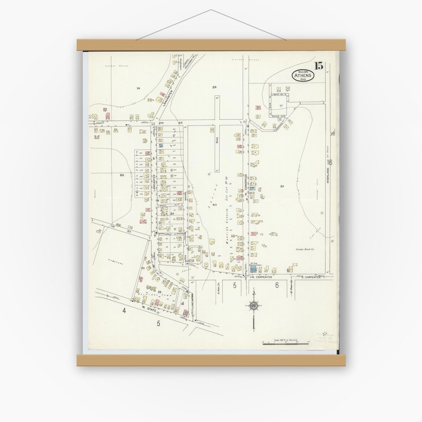 Old map wall art mockup — magnetic wood frame on white wall — Sanborn Fire Insurance Map from Athens, Athens County, Ohio (1914), Sheet #0015