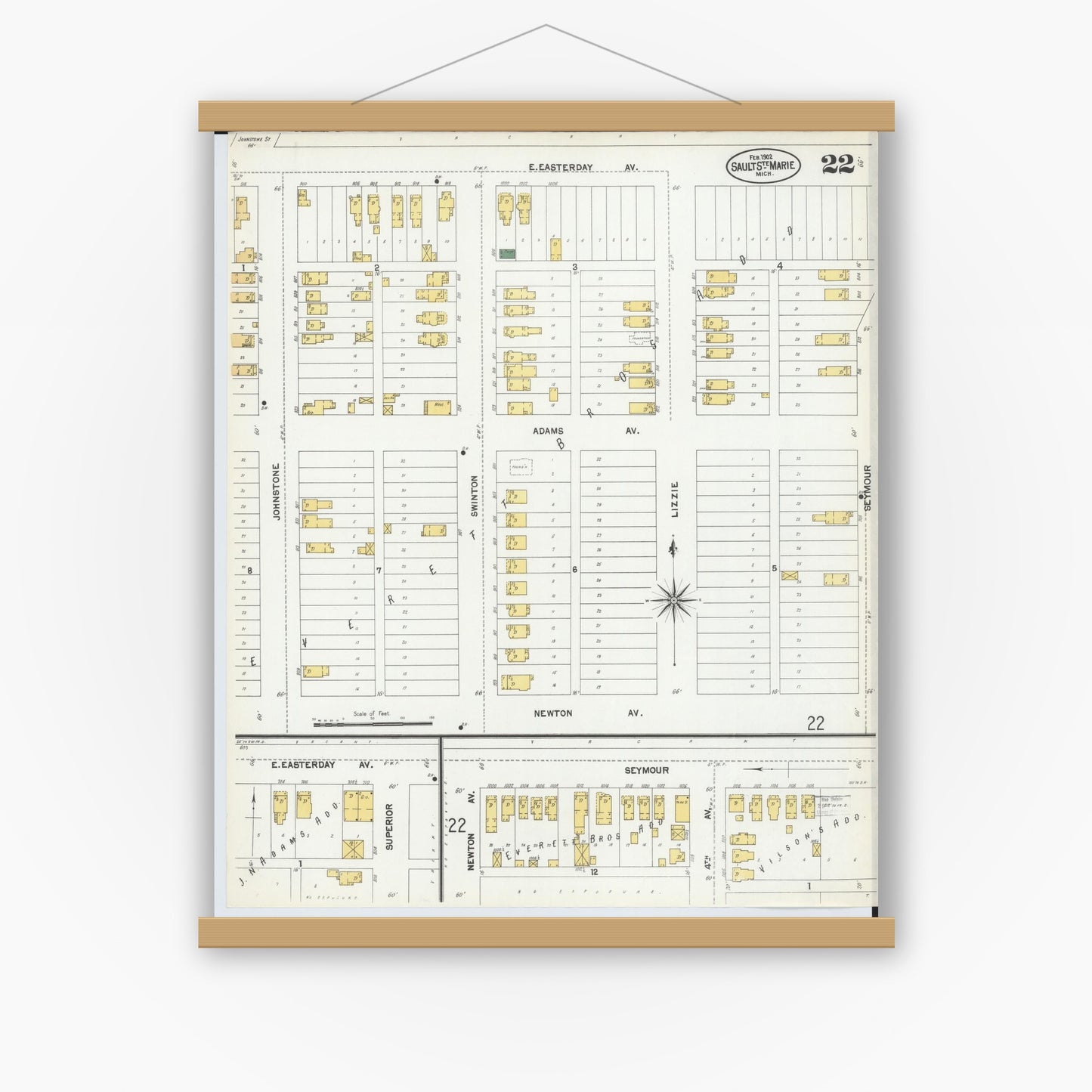 Old map wall art mockup — magnetic wood frame on white wall — Sanborn Fire Insurance Map from Sault Sainte Marie, Chippewa County, Michigan (1902), Sheet #0022