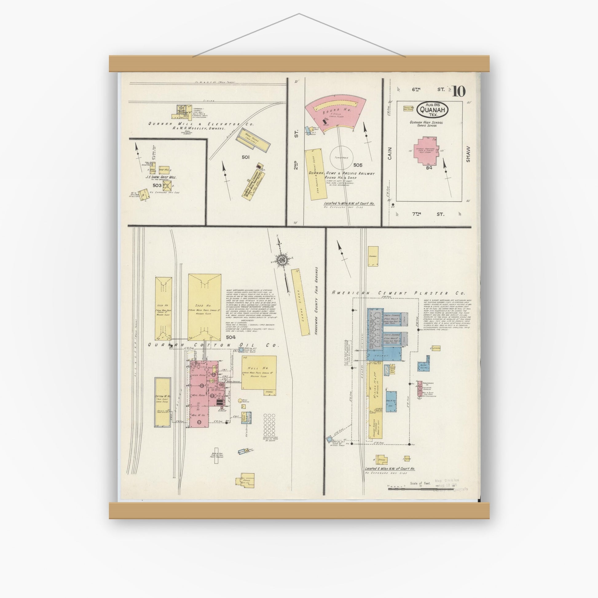 Old map wall art mockup — magnetic wood frame on white wall — Sanborn Fire Insurance Map from Quanah, Hardeman County, Texas (1915), Sheet #0010