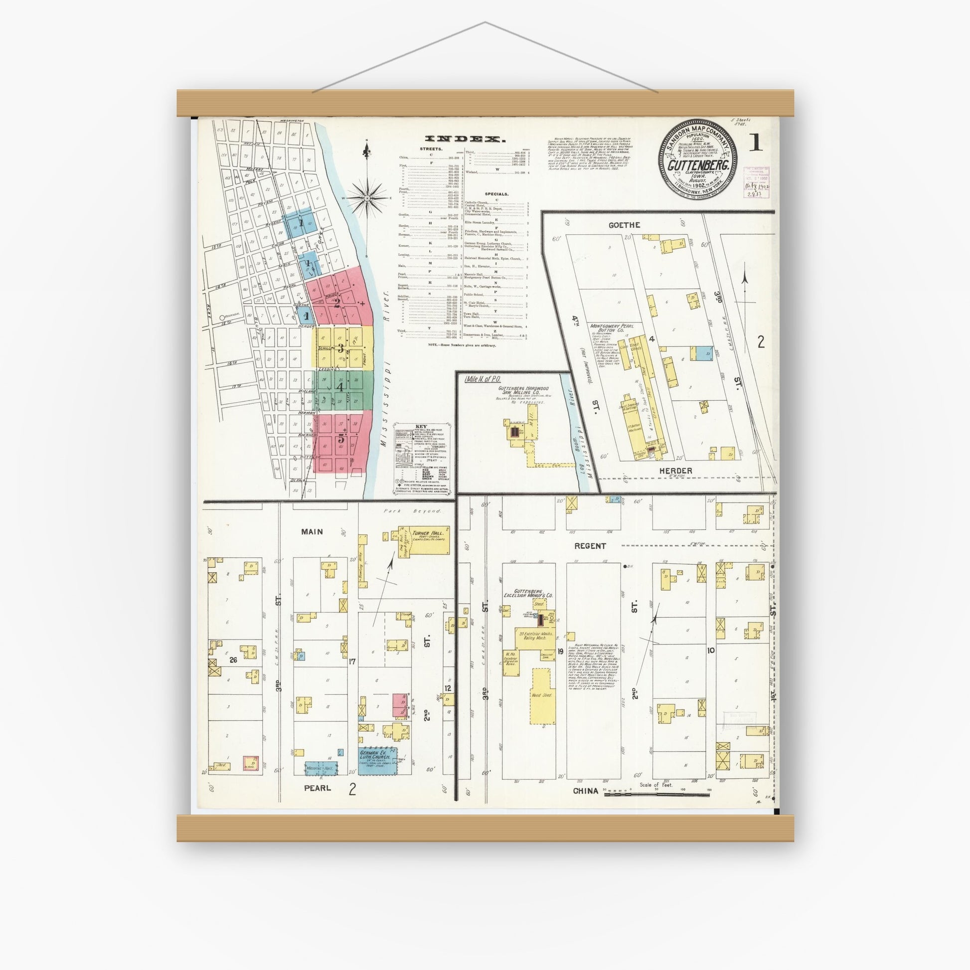 Old map wall art mockup — magnetic wood frame on white wall — Sanborn Fire Insurance Map from Guttenberg, Clayton County, Iowa (1902) â€” Complete Set