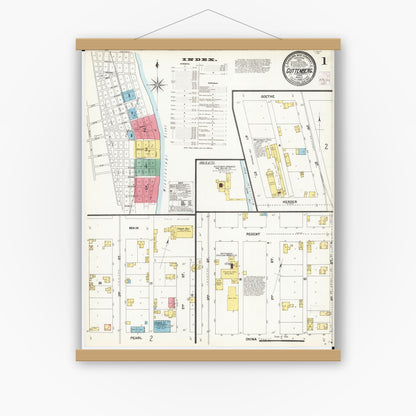 Old map wall art mockup — magnetic wood frame on white wall — Sanborn Fire Insurance Map from Guttenberg, Clayton County, Iowa (1902) â€” Complete Set